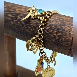 70's Gold Tone Charm Bracelet Pirate Theme Link Bracelet Costume Fashion Jewelry